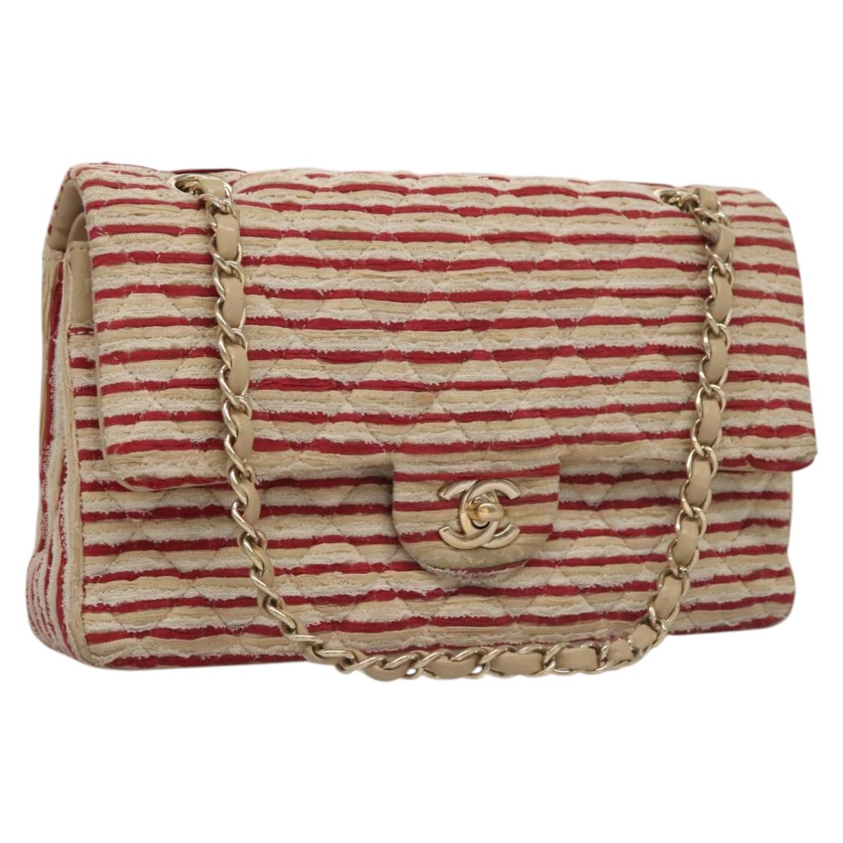CHANEL Matelasse 25 Border Double Flap Chain Hand Cotton Red CC 112984A