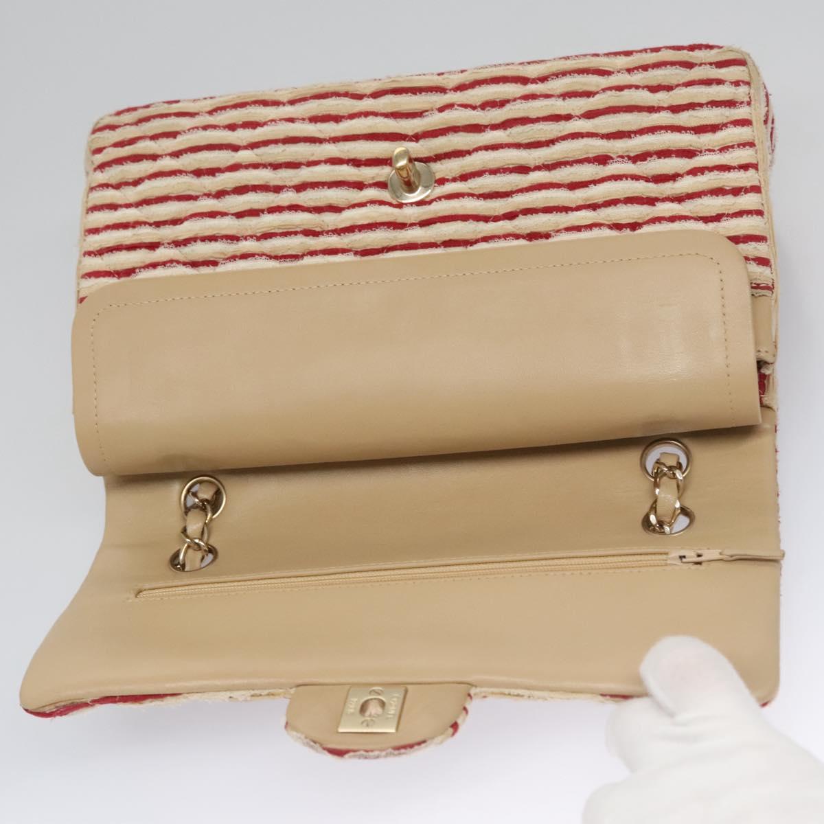 CHANEL Matelasse 25 Border Double Flap Chain Hand Cotton Red CC 112984A