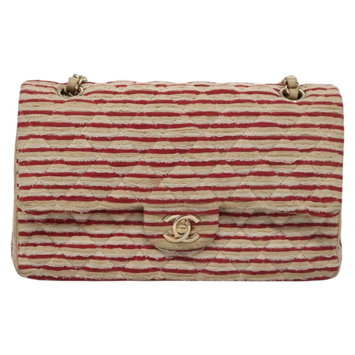 CHANEL Matelasse 25 Border Double Flap Chain Hand Cotton Red CC 112984A
