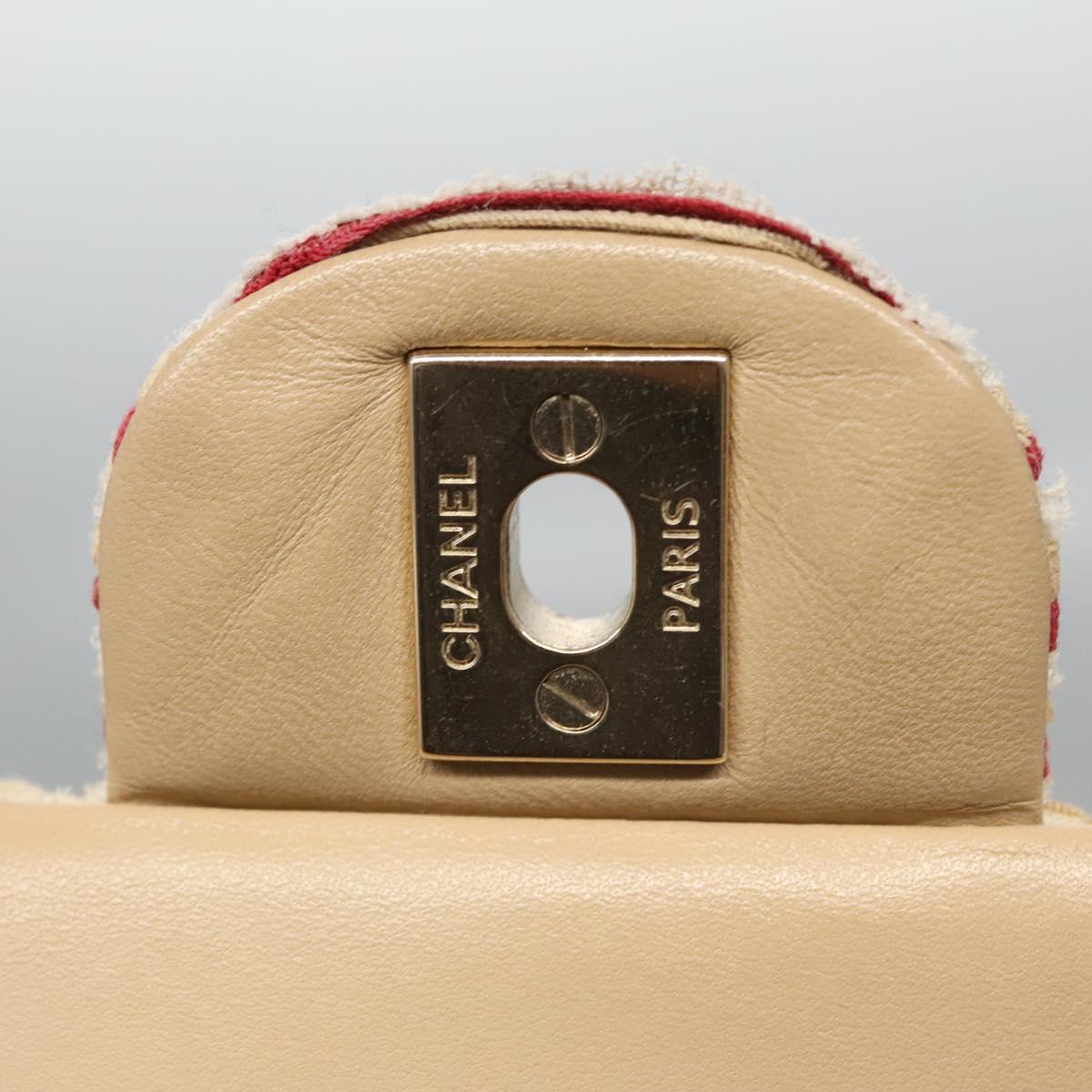 CHANEL Matelasse 25 Border Double Flap Chain Hand Cotton Red CC 112984A