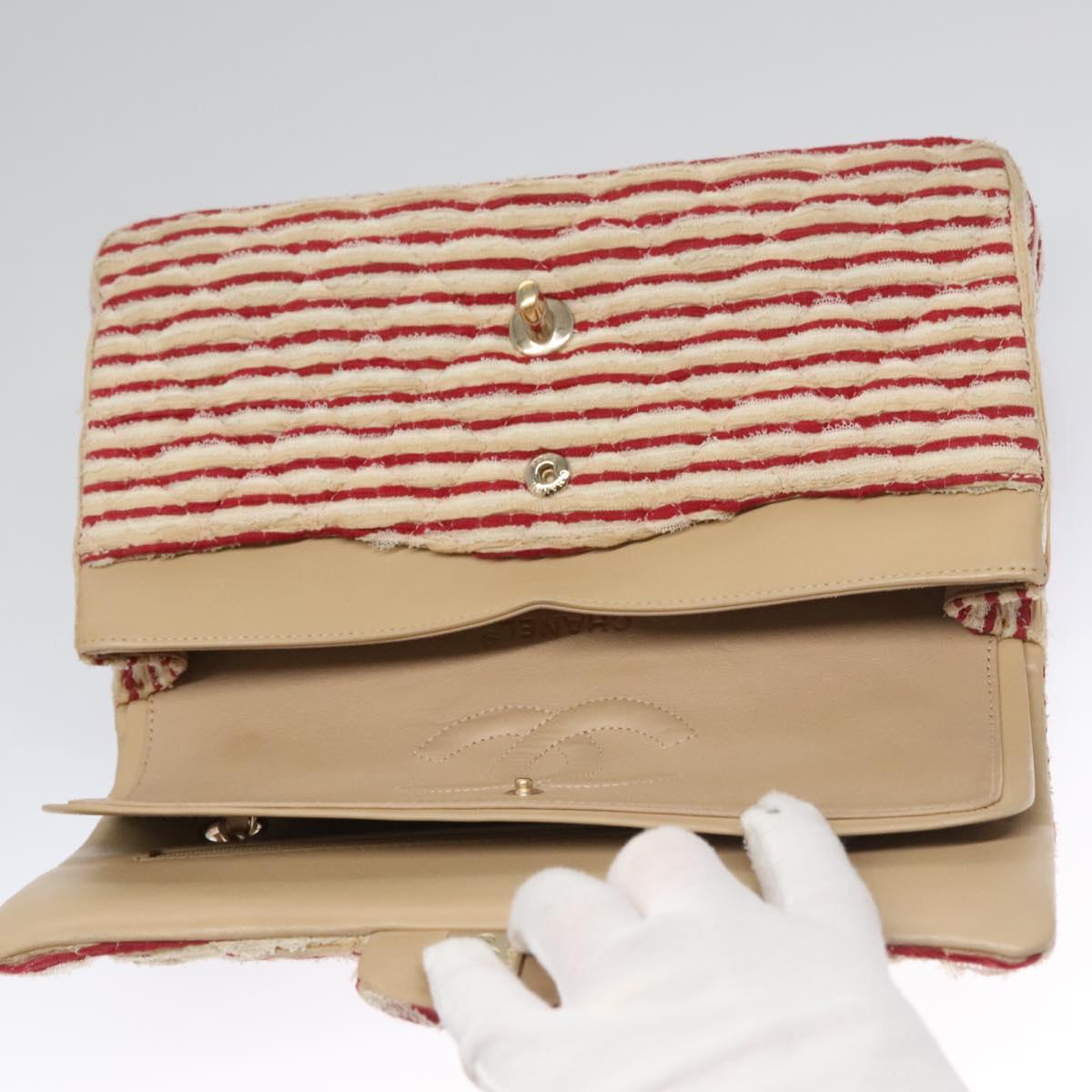 CHANEL Matelasse 25 Border Double Flap Chain Hand Cotton Red CC 112984A