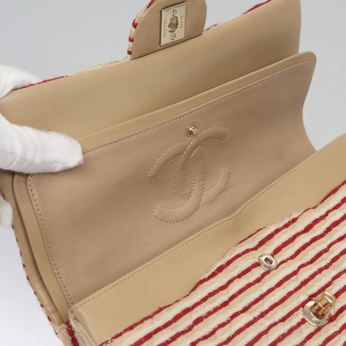CHANEL Matelasse 25 Border Double Flap Chain Hand Cotton Red CC 112984A