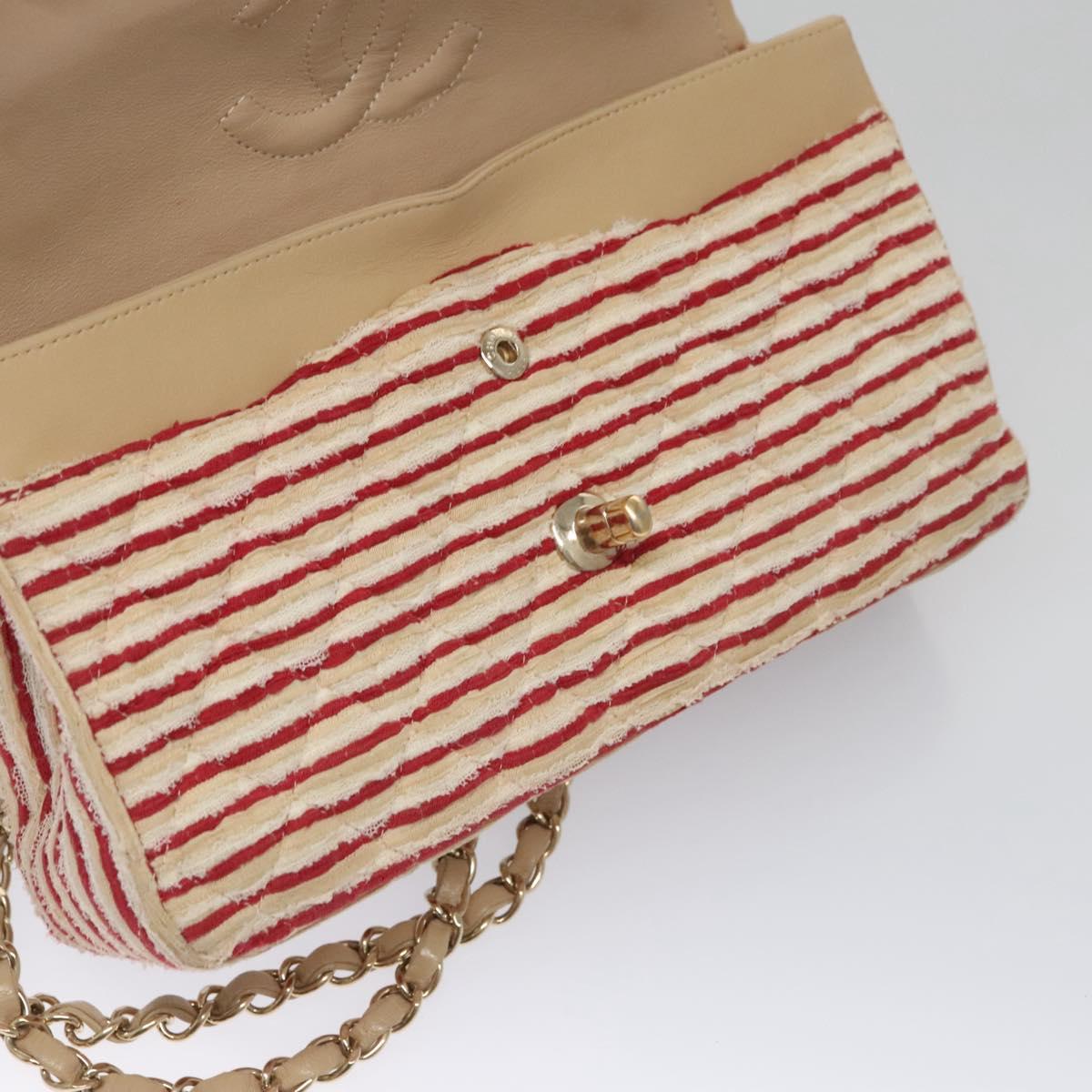 CHANEL Matelasse 25 Border Double Flap Chain Hand Cotton Red CC 112984A