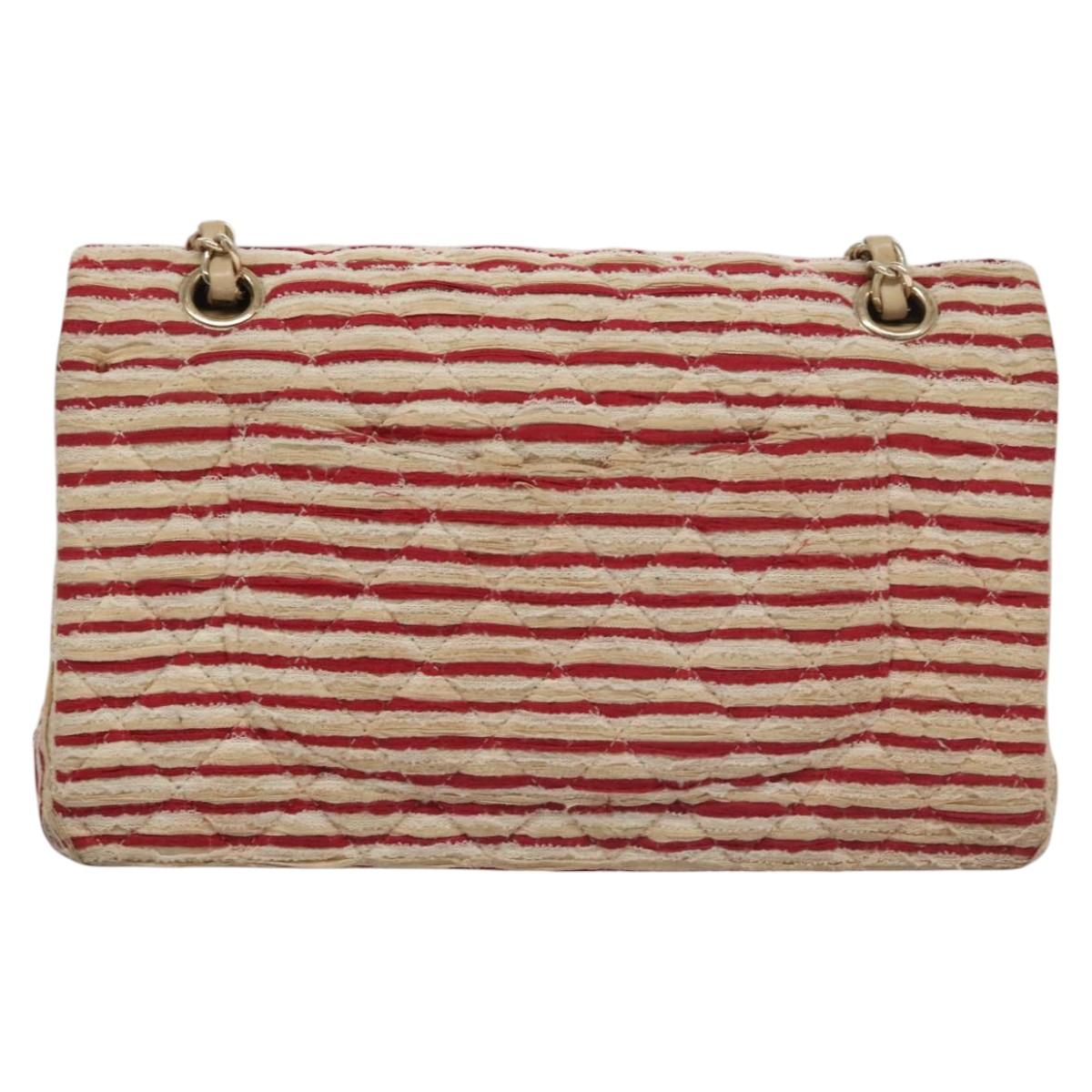CHANEL Matelasse 25 Border Double Flap Chain Hand Cotton Red CC 112984A