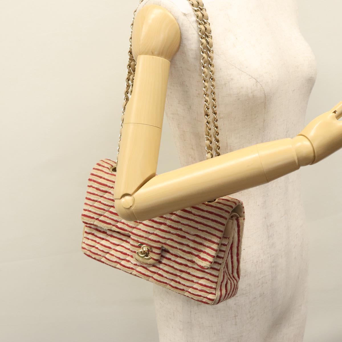 CHANEL Matelasse 25 Border Double Flap Chain Hand Cotton Red CC 112984A