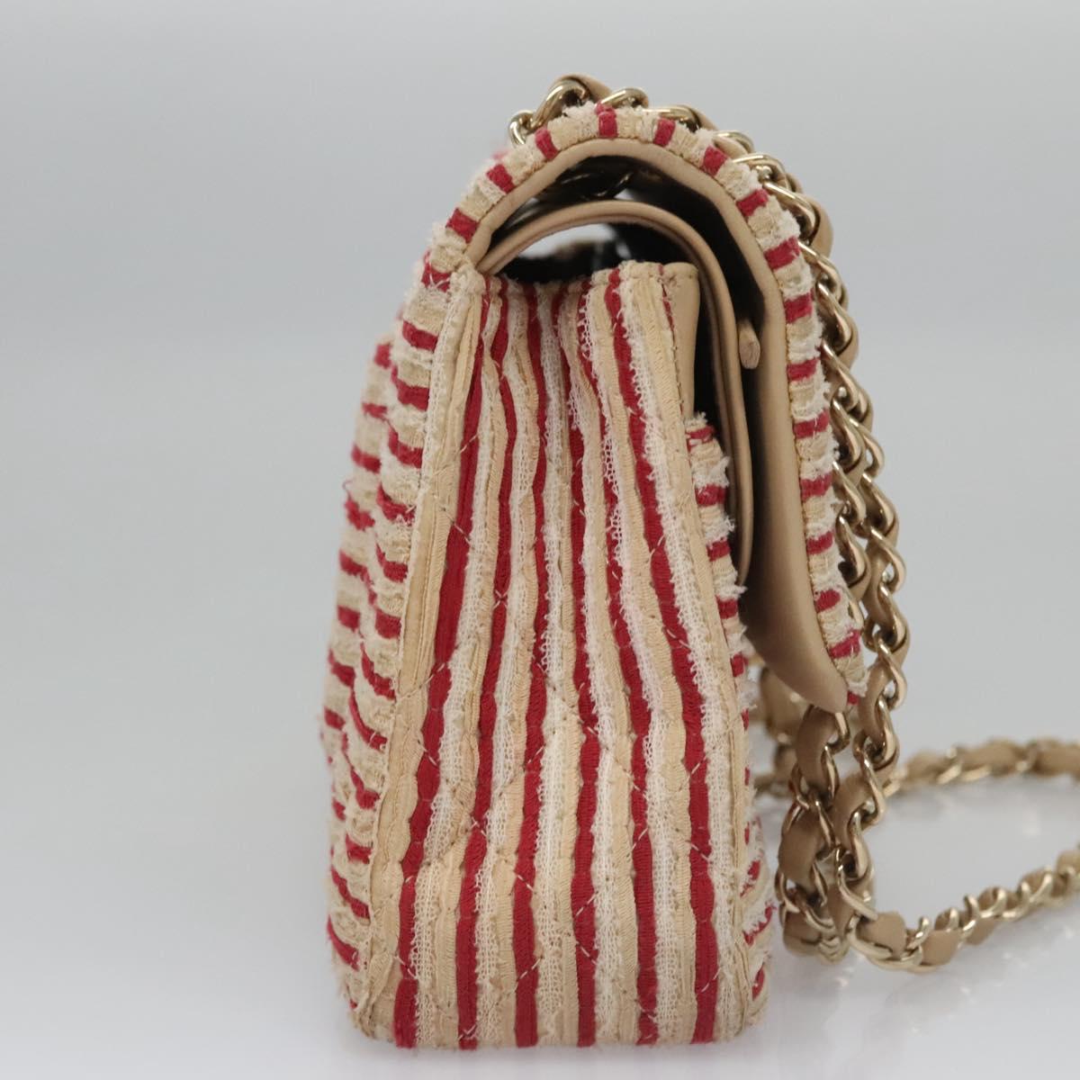 CHANEL Matelasse 25 Border Double Flap Chain Hand Cotton Red CC 112984A