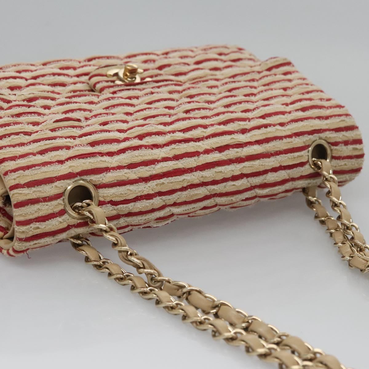 CHANEL Matelasse 25 Border Double Flap Chain Hand Cotton Red CC 112984A