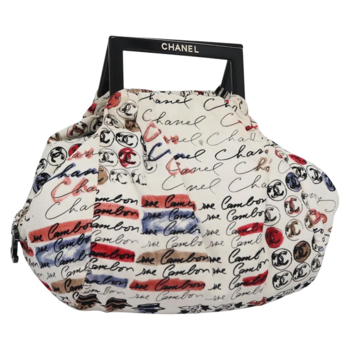 CHANEL Camelia Hand Bag Velor White CC 113114