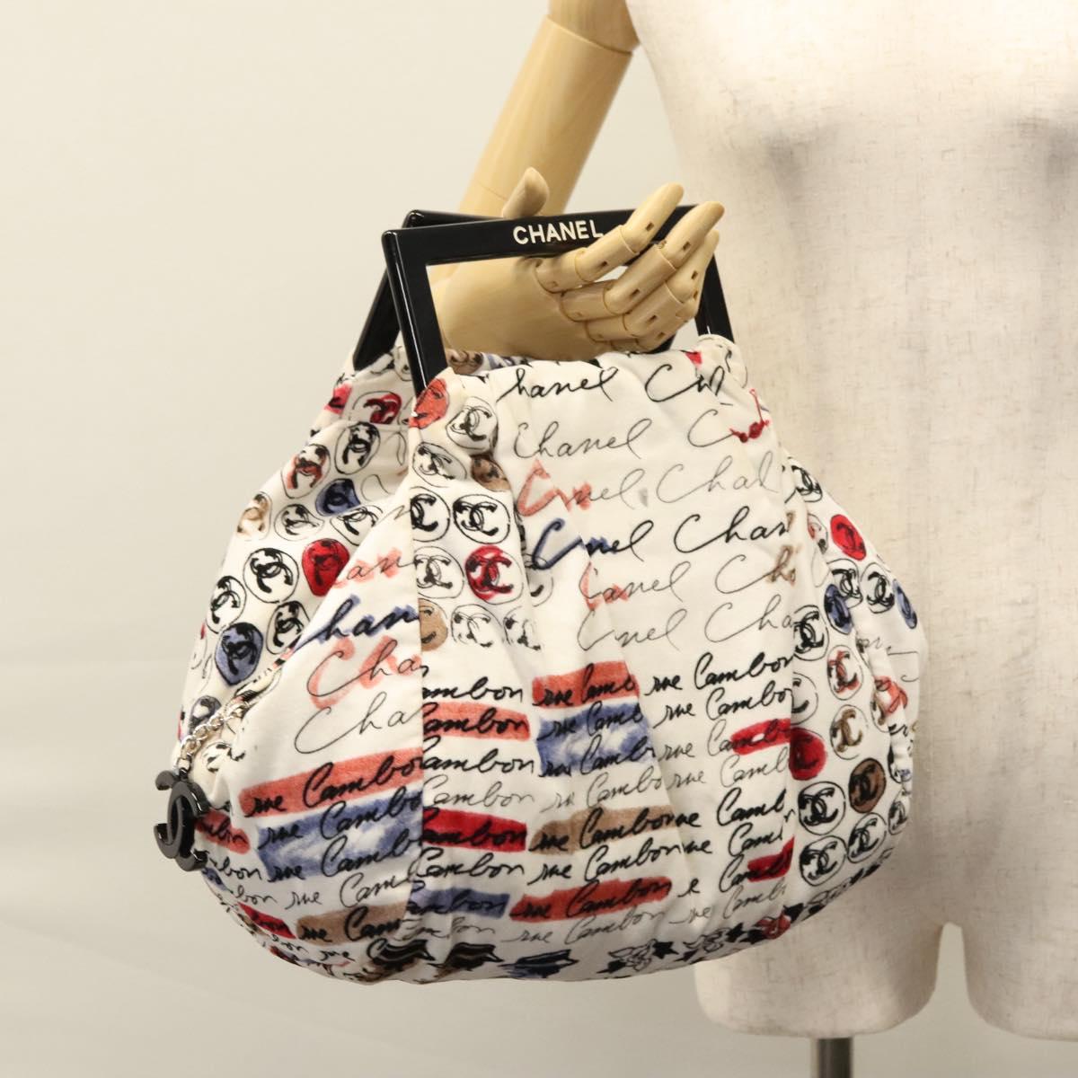 CHANEL Camelia Hand Bag Velor White CC 113114