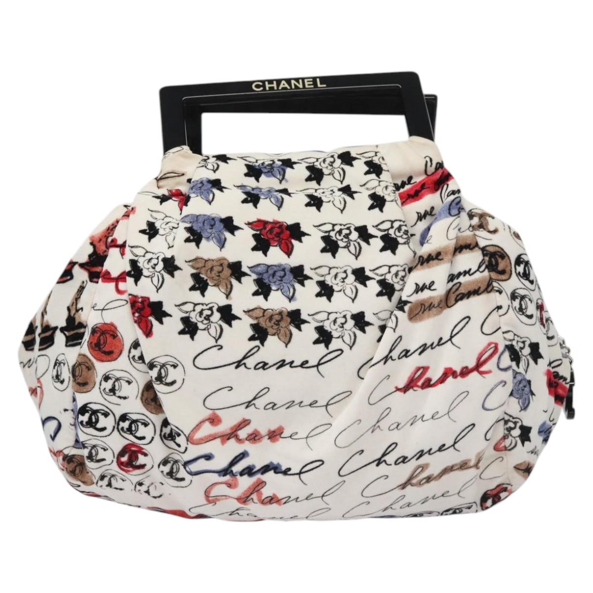 CHANEL Camelia Hand Bag Velor White CC 113114
