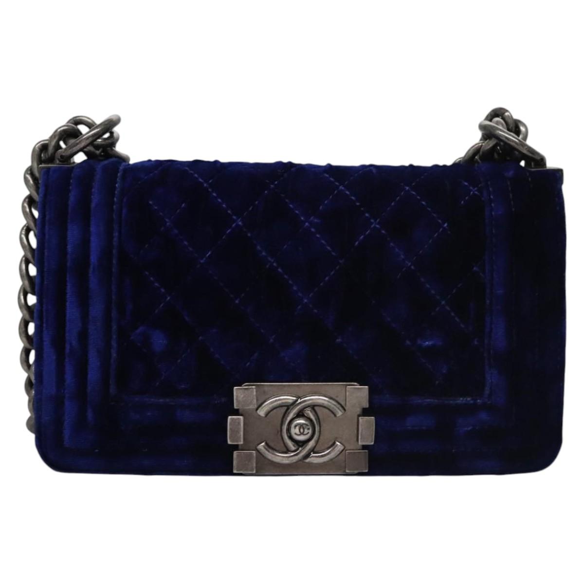 CHANEL Chain Boy Chanel Shoulder Bag Velor Blue CC 113273