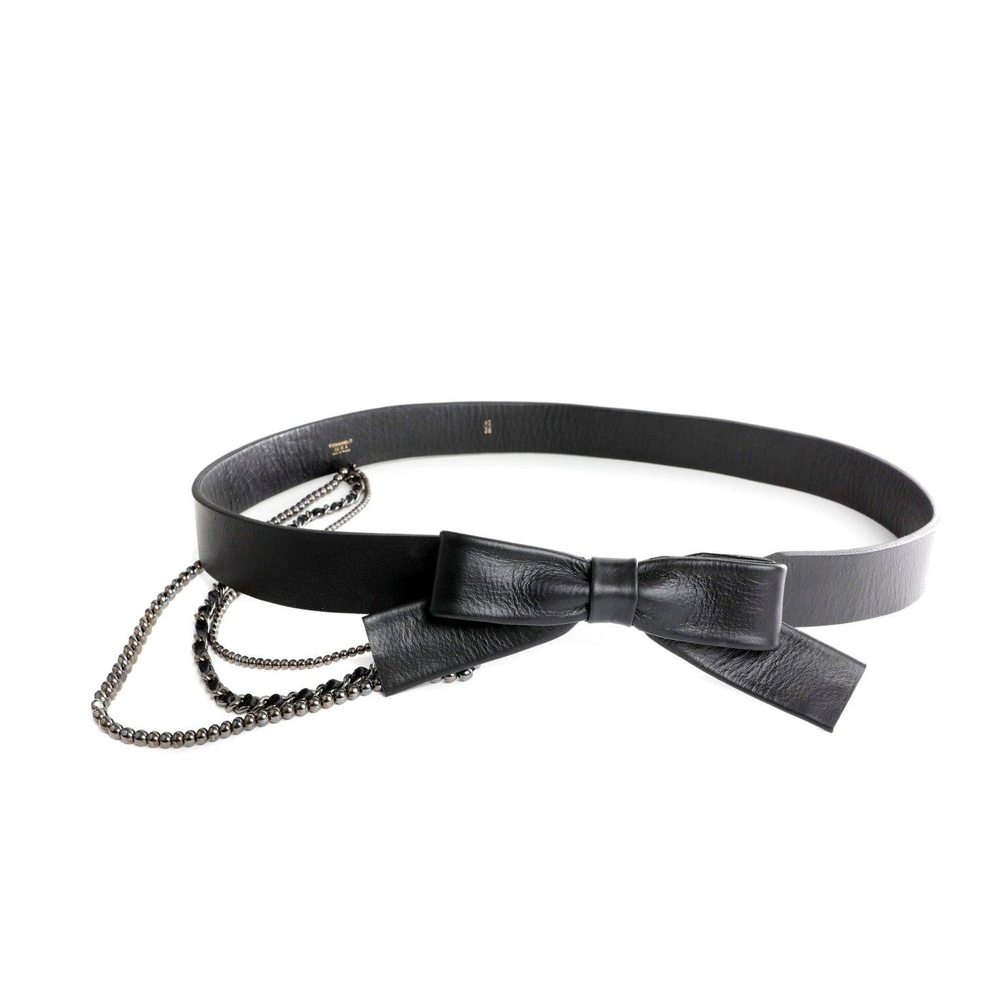 Chanel Black Leather Bow Belt with Chains size 95