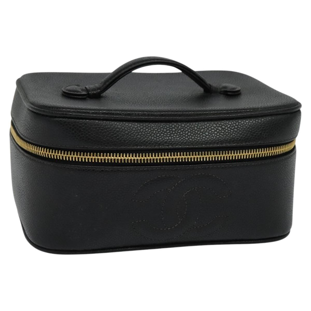 CHANEL Vanity Cosmetic Pouch Caviar Skin Black Gold CC 113790