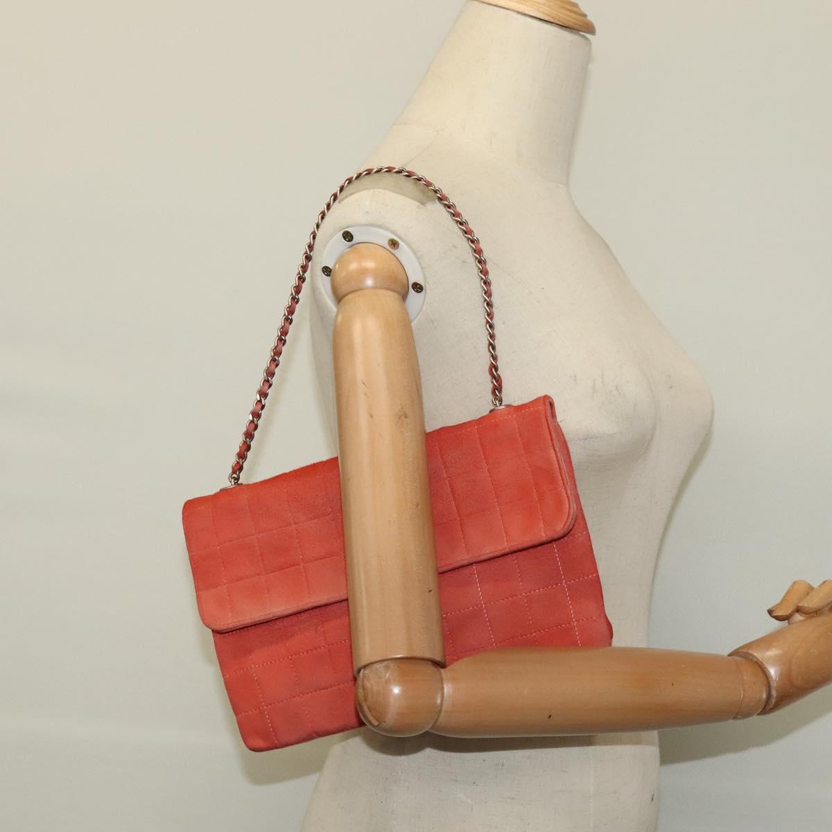 CHANEL Choco Bar Chain Shoulder Bag Suede Red CC 113865