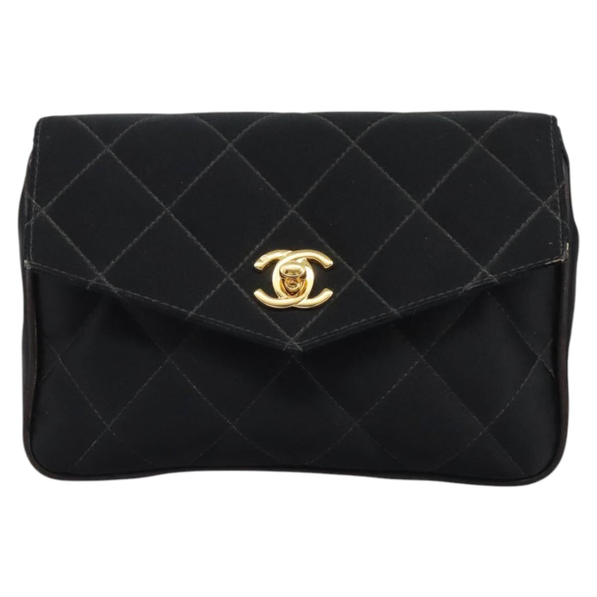 CHANEL Matelasse Waist Bag Satin Black Gold CC 113903