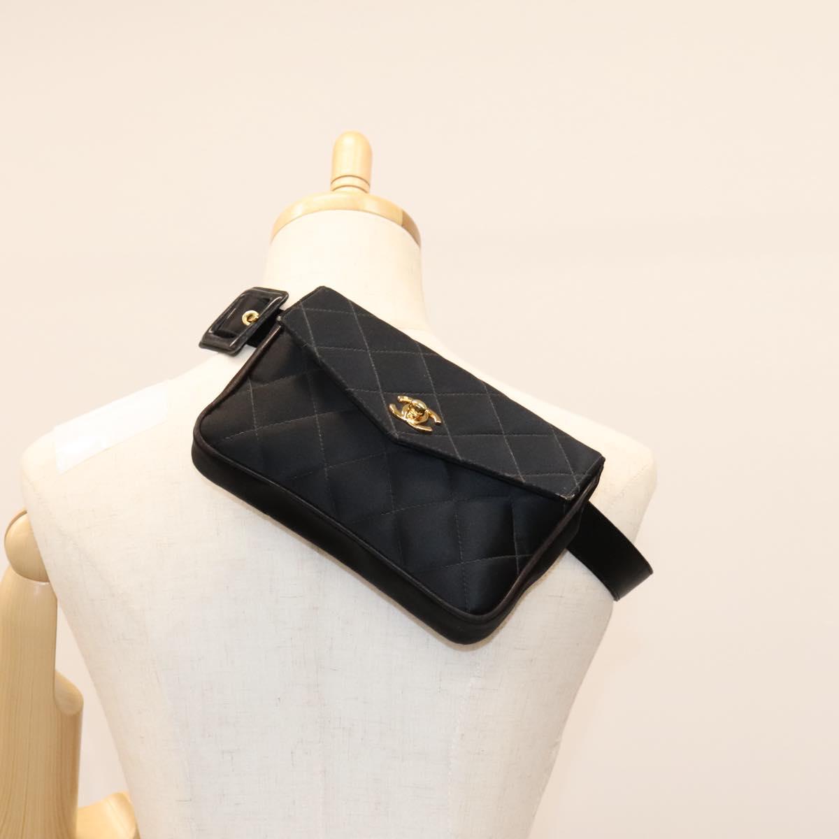 CHANEL Matelasse Waist Bag Satin Black Gold CC 113903