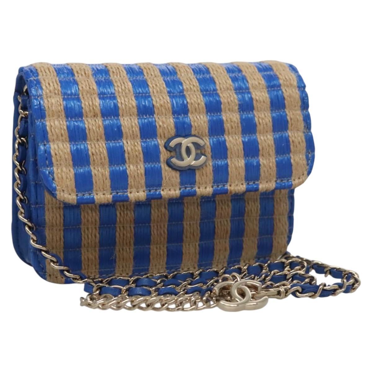 CHANEL Chain Shoulder Bag Raffia Blue CC 115347A