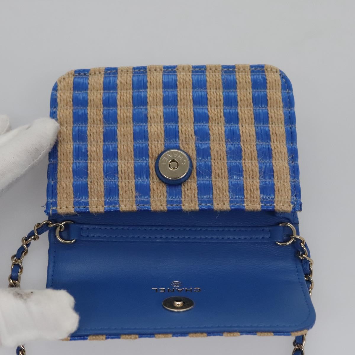 CHANEL Chain Shoulder Bag Raffia Blue CC 115347A