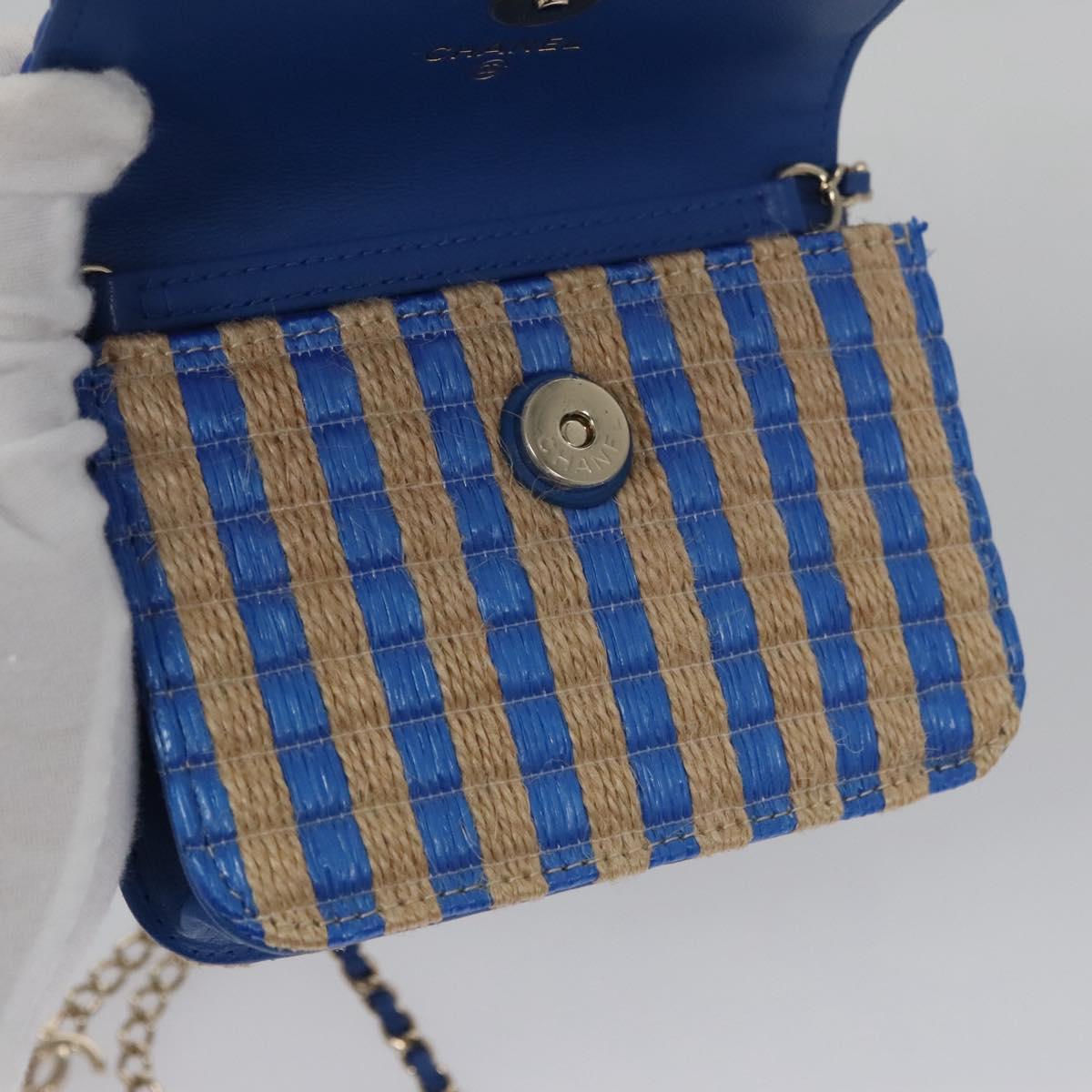 CHANEL Chain Shoulder Bag Raffia Blue CC 115347A