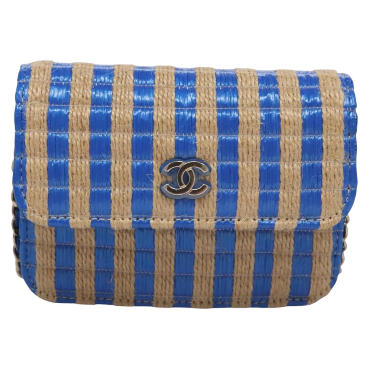 CHANEL Chain Shoulder Bag Raffia Blue CC 115347A