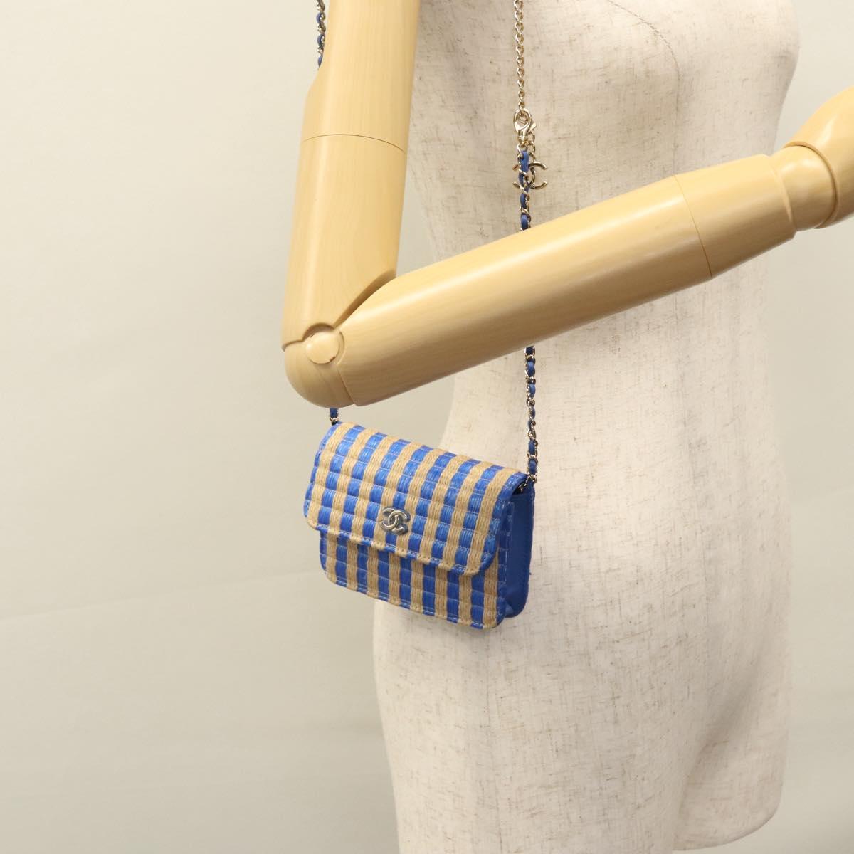 CHANEL Chain Shoulder Bag Raffia Blue CC 115347A