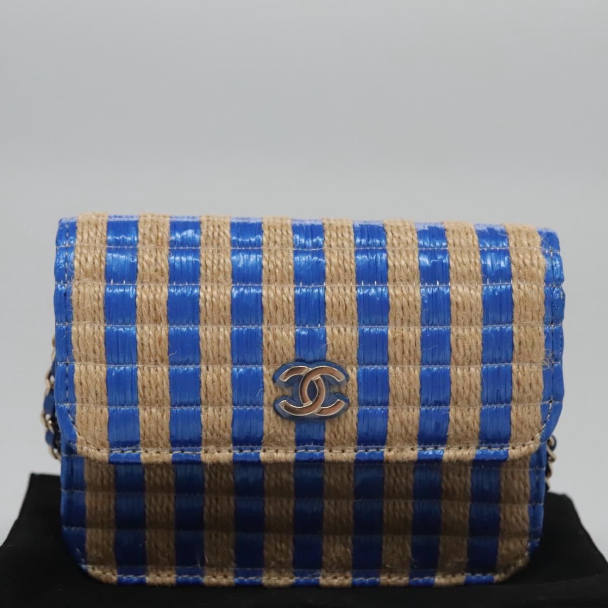 CHANEL Chain Shoulder Bag Raffia Blue CC 115347A
