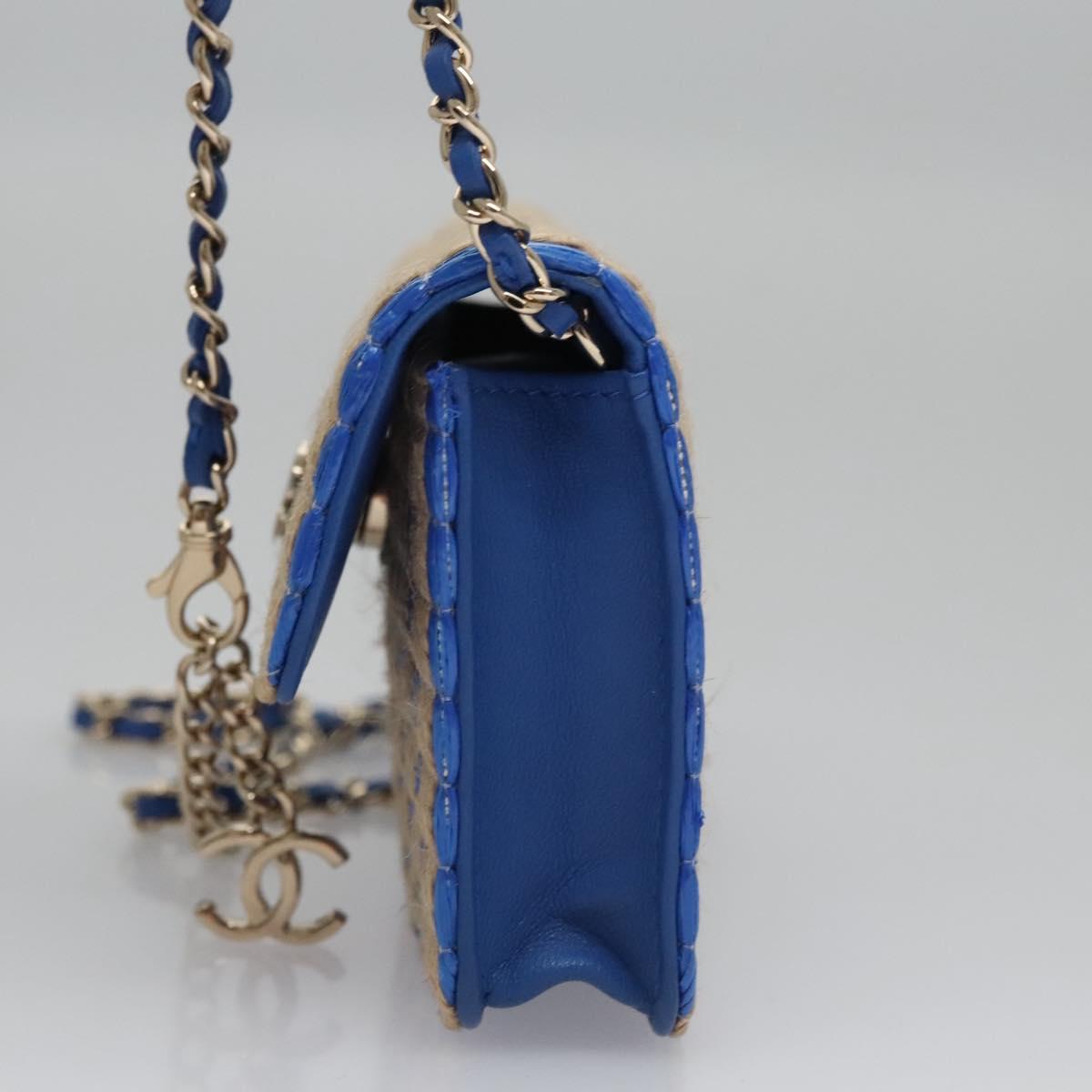 CHANEL Chain Shoulder Bag Raffia Blue CC 115347A
