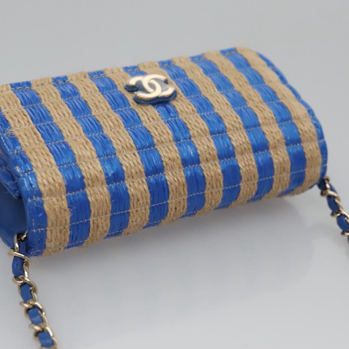 CHANEL Chain Shoulder Bag Raffia Blue CC 115347A