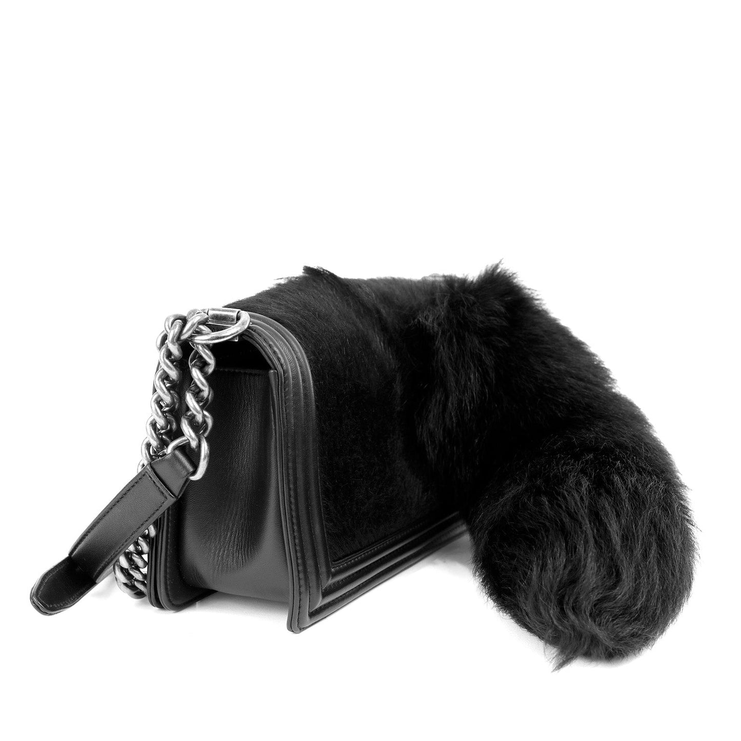 Chanel Black Fox Fur Boy Bag with Tail & Ruthenium Hardware