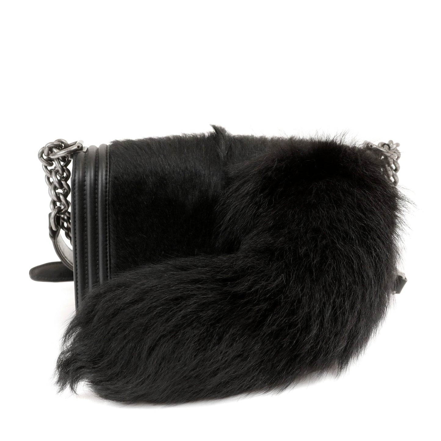 Chanel Black Fox Fur Boy Bag with Tail & Ruthenium Hardware