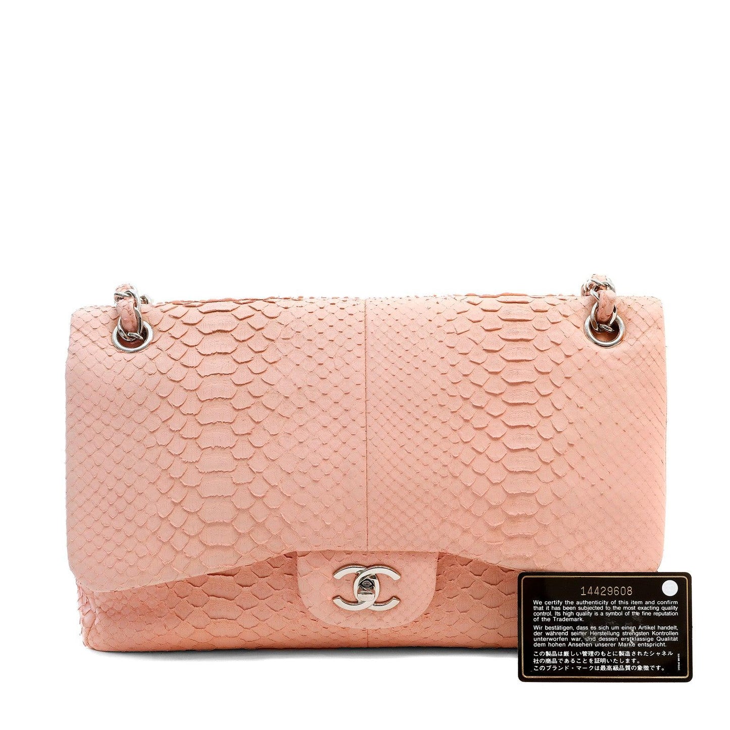Chanel Bubblegum Pink Python Jumbo Classic w/ Silver Hardware