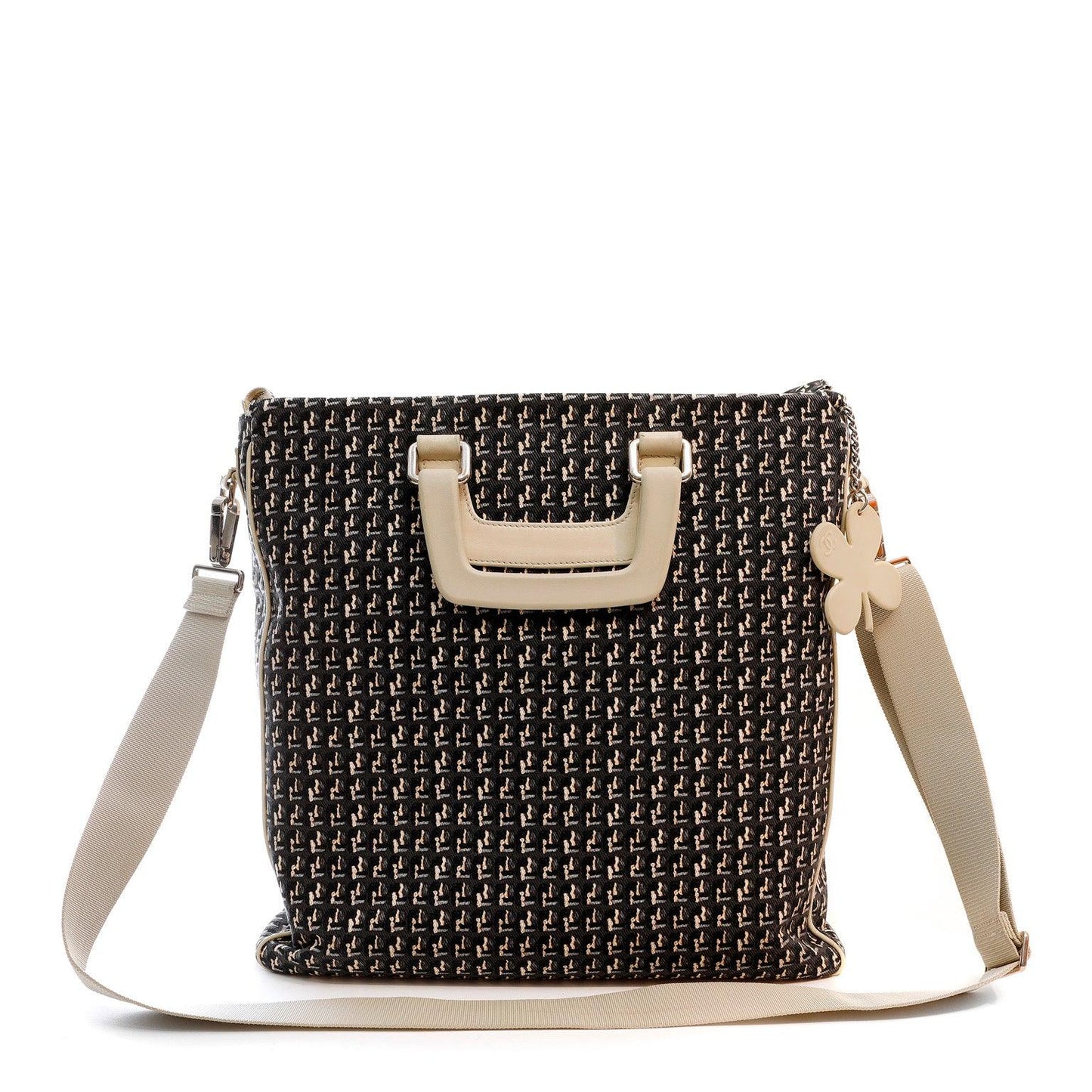 Chanel Black & Beige Canvas Tote w/ Clover Charm