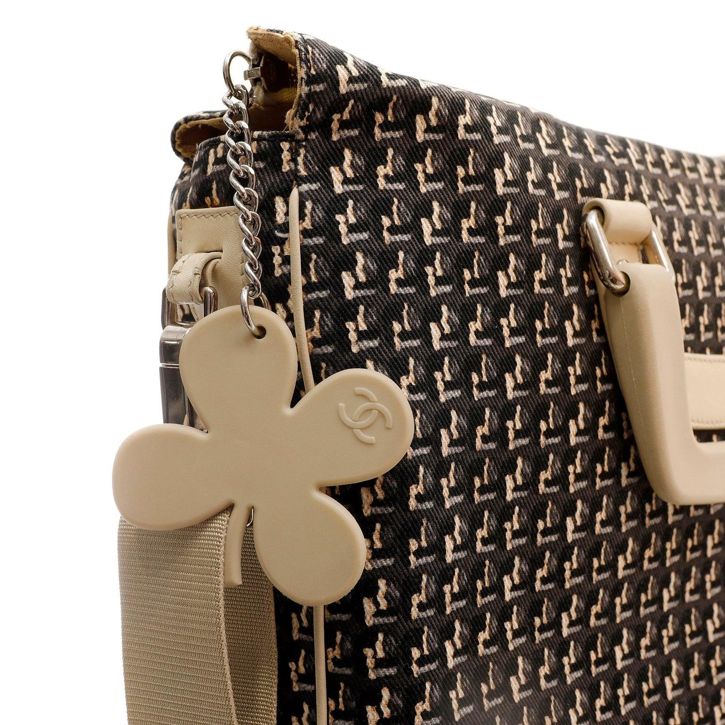 Chanel Black & Beige Canvas Tote w/ Clover Charm