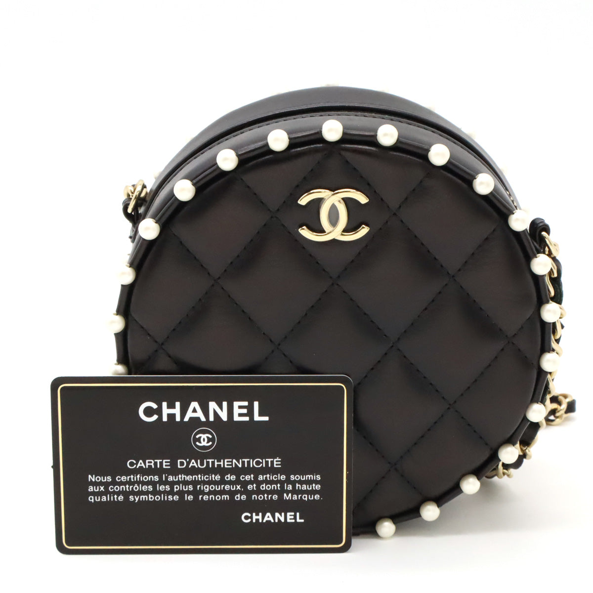 Chanel Leather Faux Pearl Round Chain Shoulder Bag