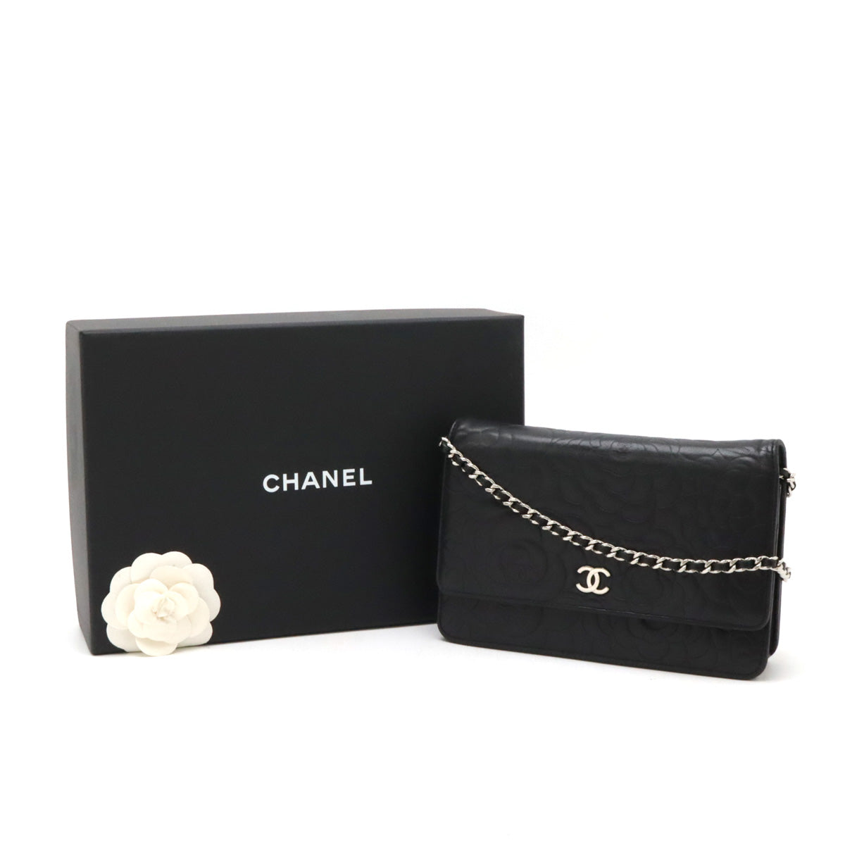 Chanel Camellia Chain Wallet Black Leather