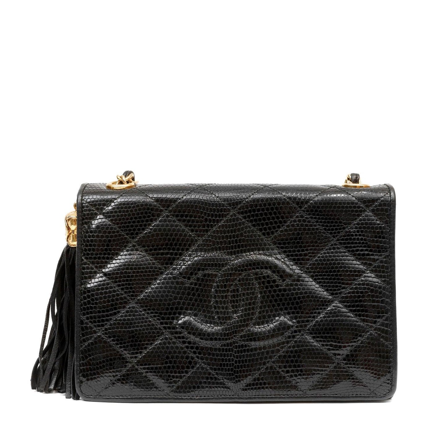 Chanel Vintage Black Lizard Crossbody Tassel Bag
