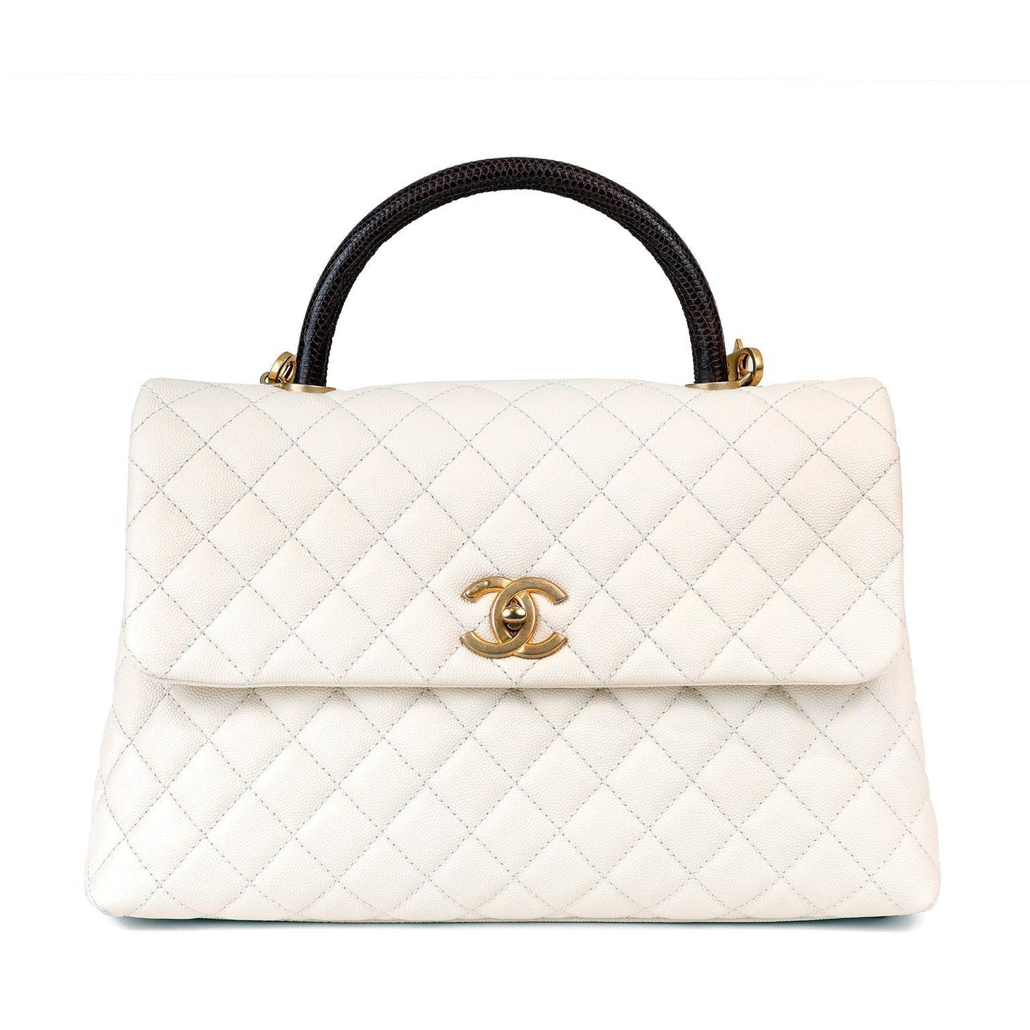 Chanel White Caviar Coco Bag w/ Lizard Skin Handle & Gold Hardware