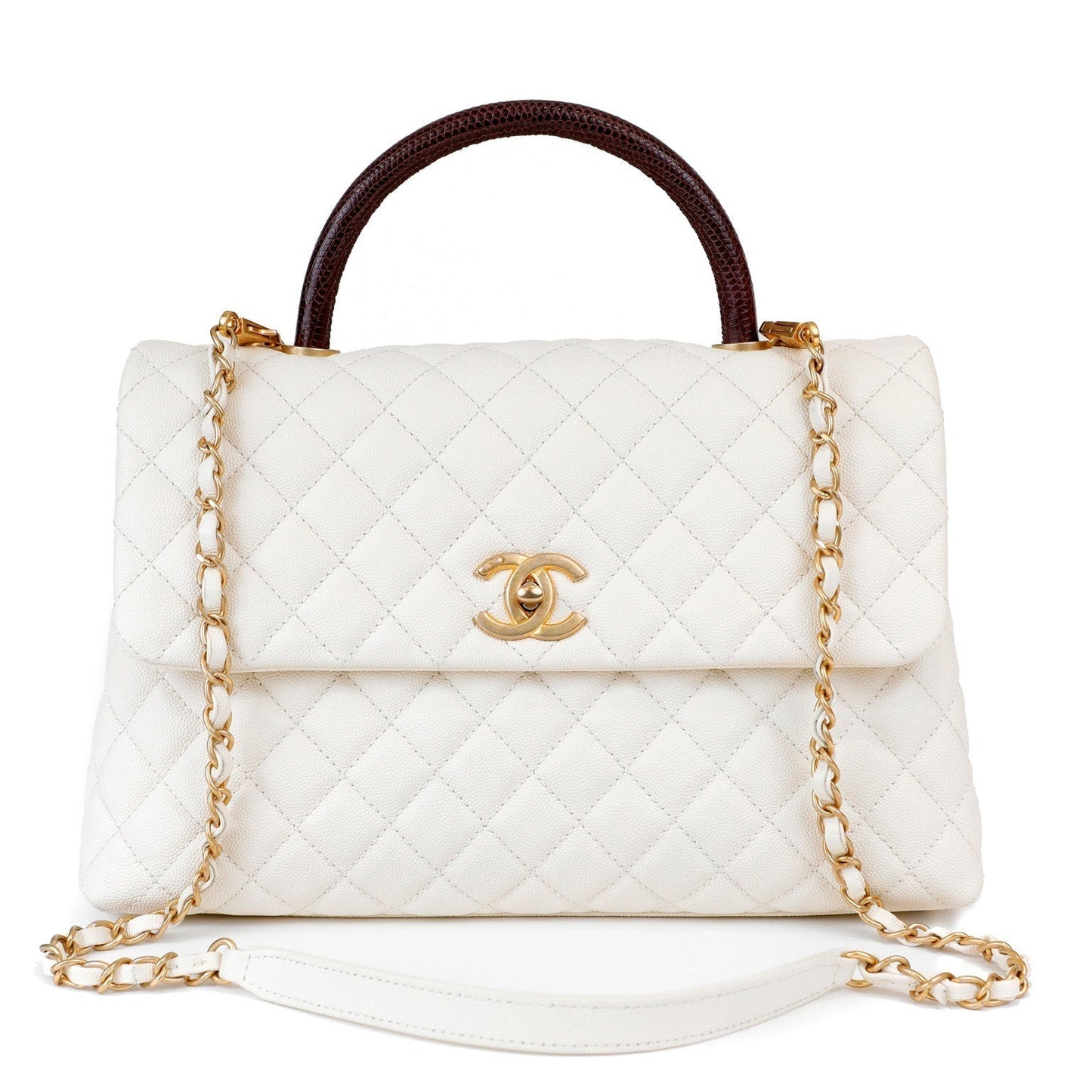 Chanel White Caviar Coco Bag w/ Lizard Skin Handle & Gold Hardware