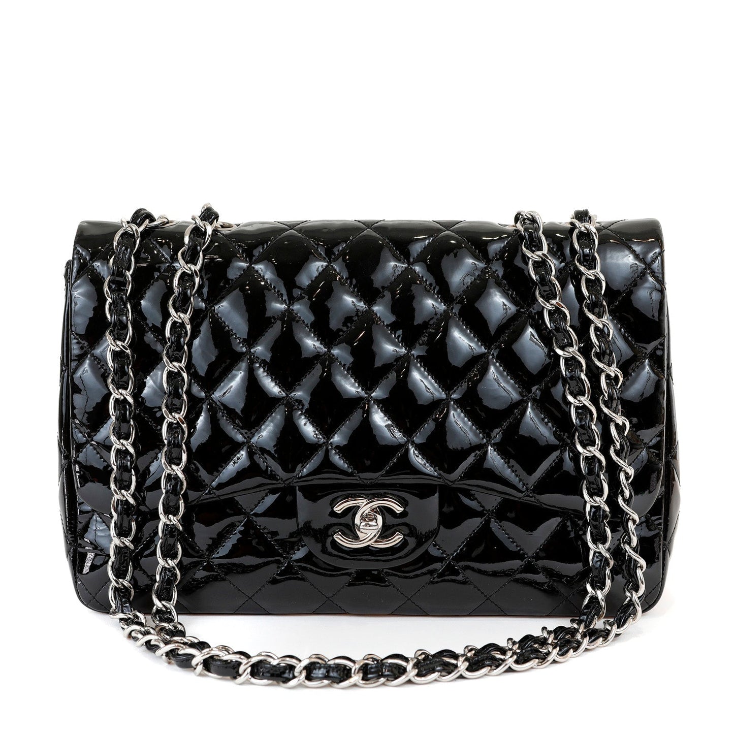 Chanel Black Patent Leather Jumbo Classic with Silver Hardware