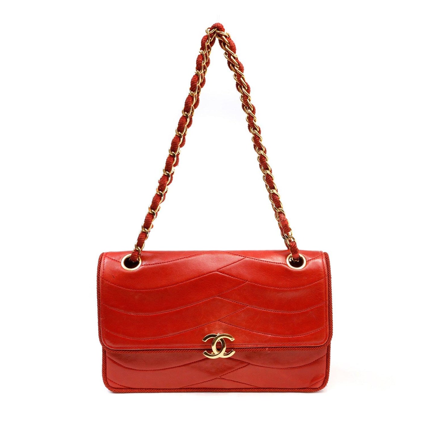 Chanel Red Leather Scallop Quilted Flap Bag