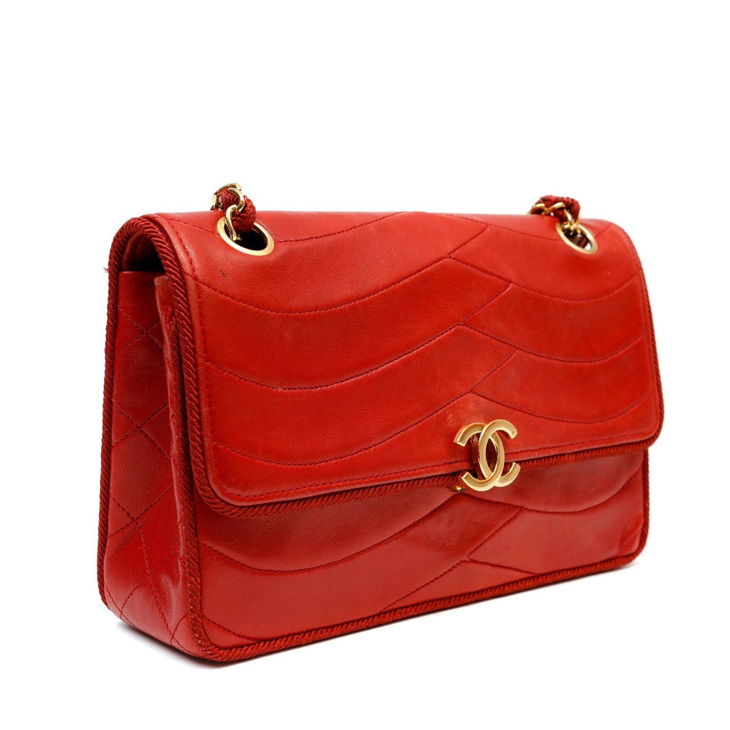 Chanel Red Leather Scallop Quilted Flap Bag