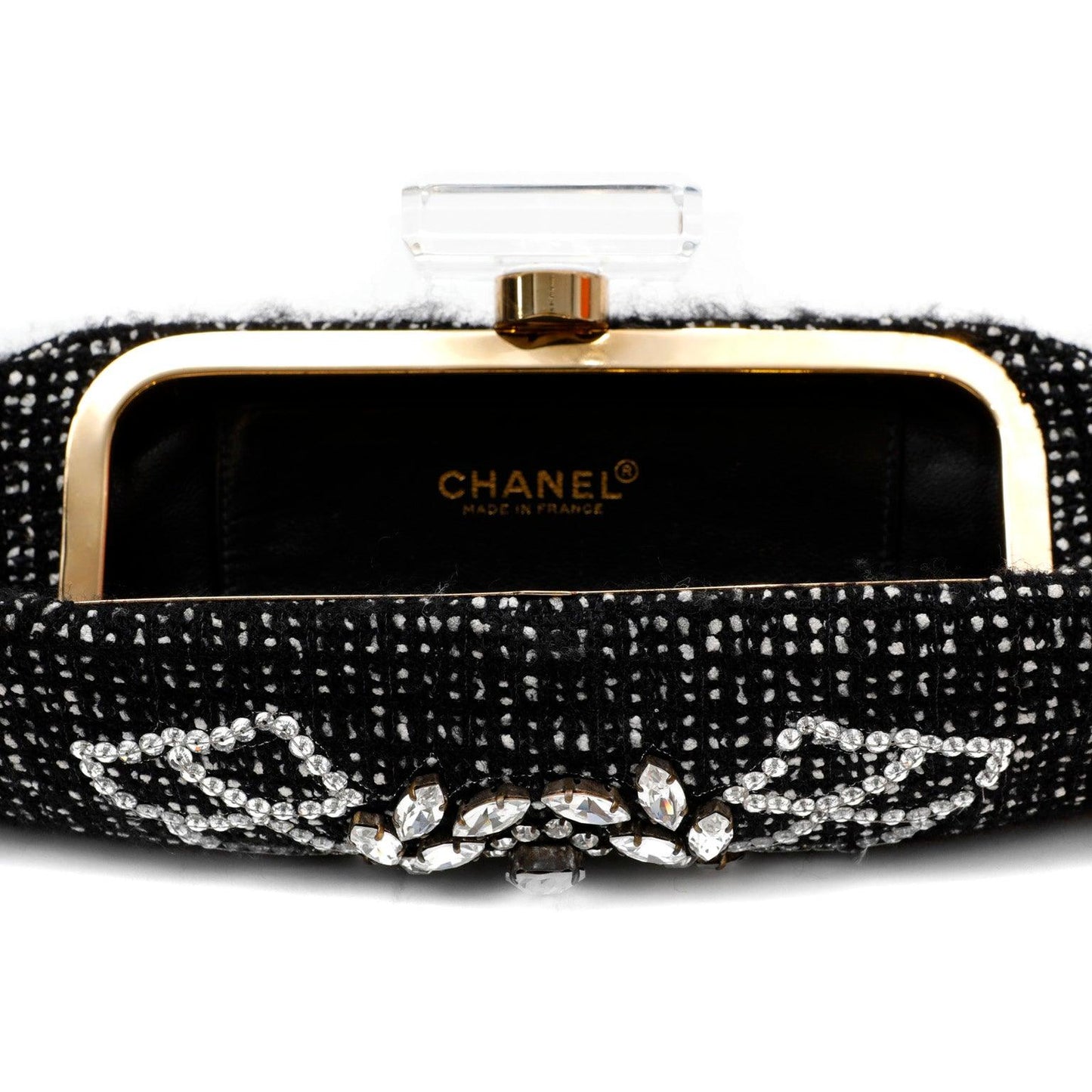 Chanel Runway 1990s Rhinestone Perfume Bottle Black Tweed/Leather Clutch