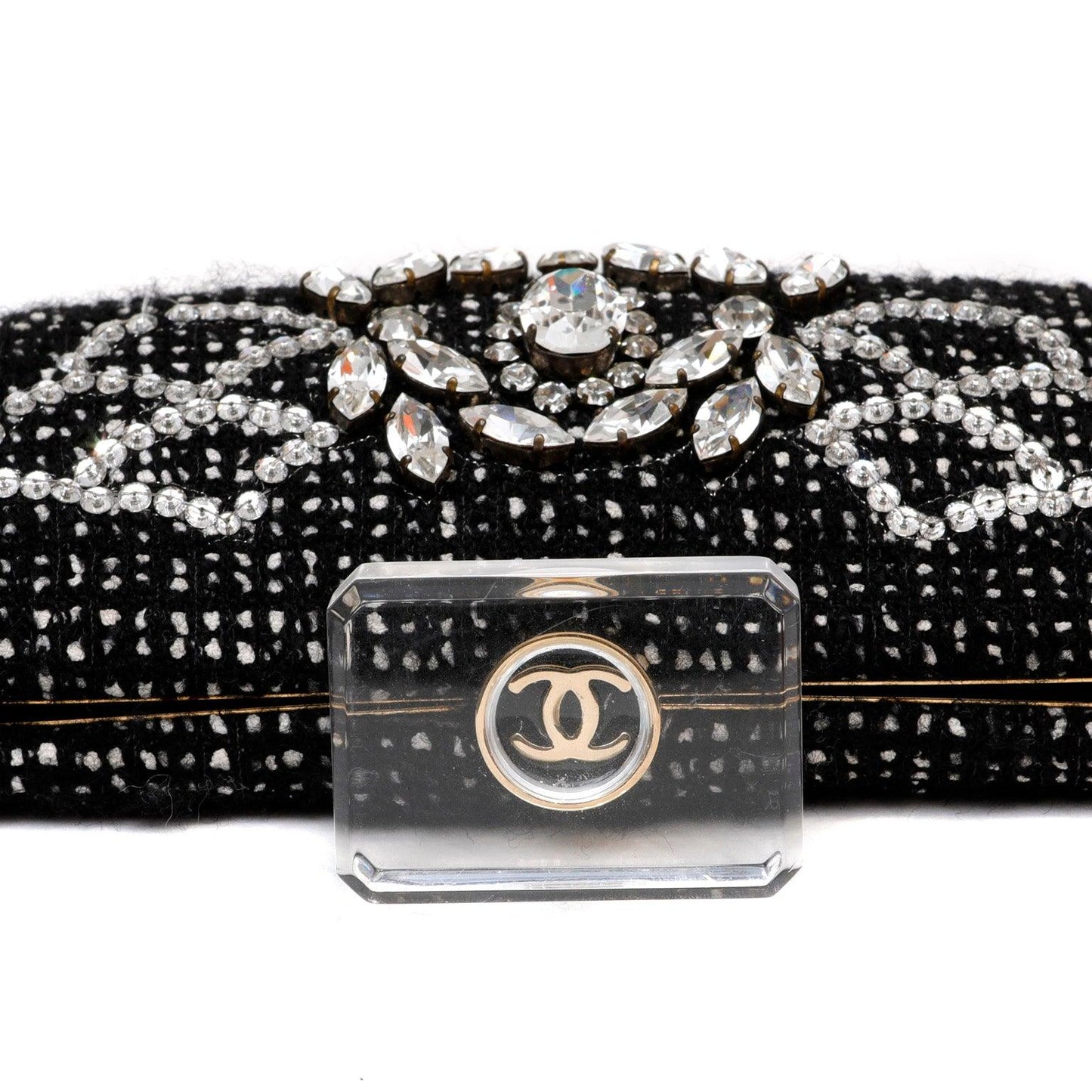 Chanel Runway 1990s Rhinestone Perfume Bottle Black Tweed/Leather Clutch
