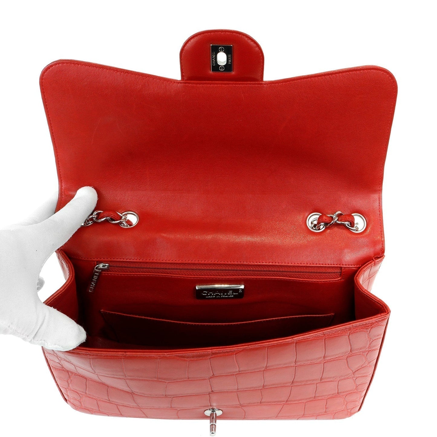 Chanel Red Crocodile Jumbo Classic with Silver Hardware