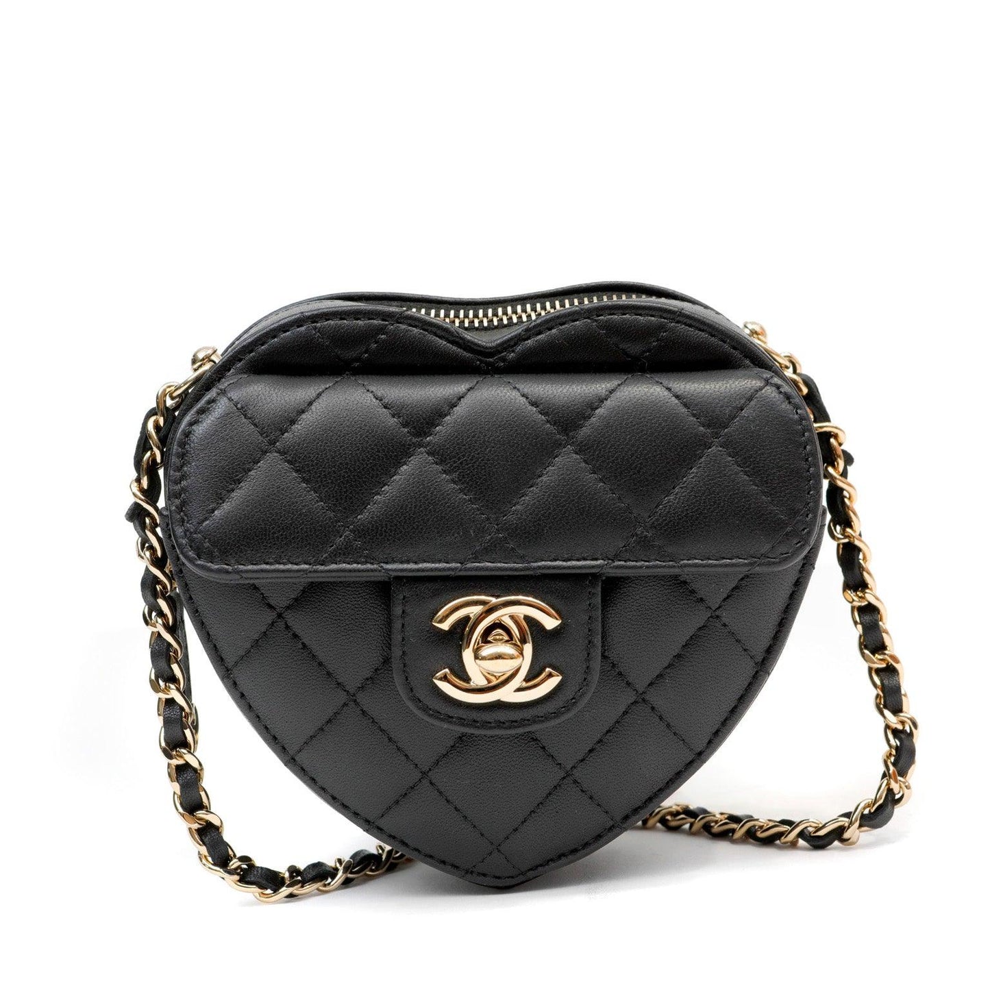 Chanel 2022 Black Lambskin Heart Mini Bag w/ Gold Hardware