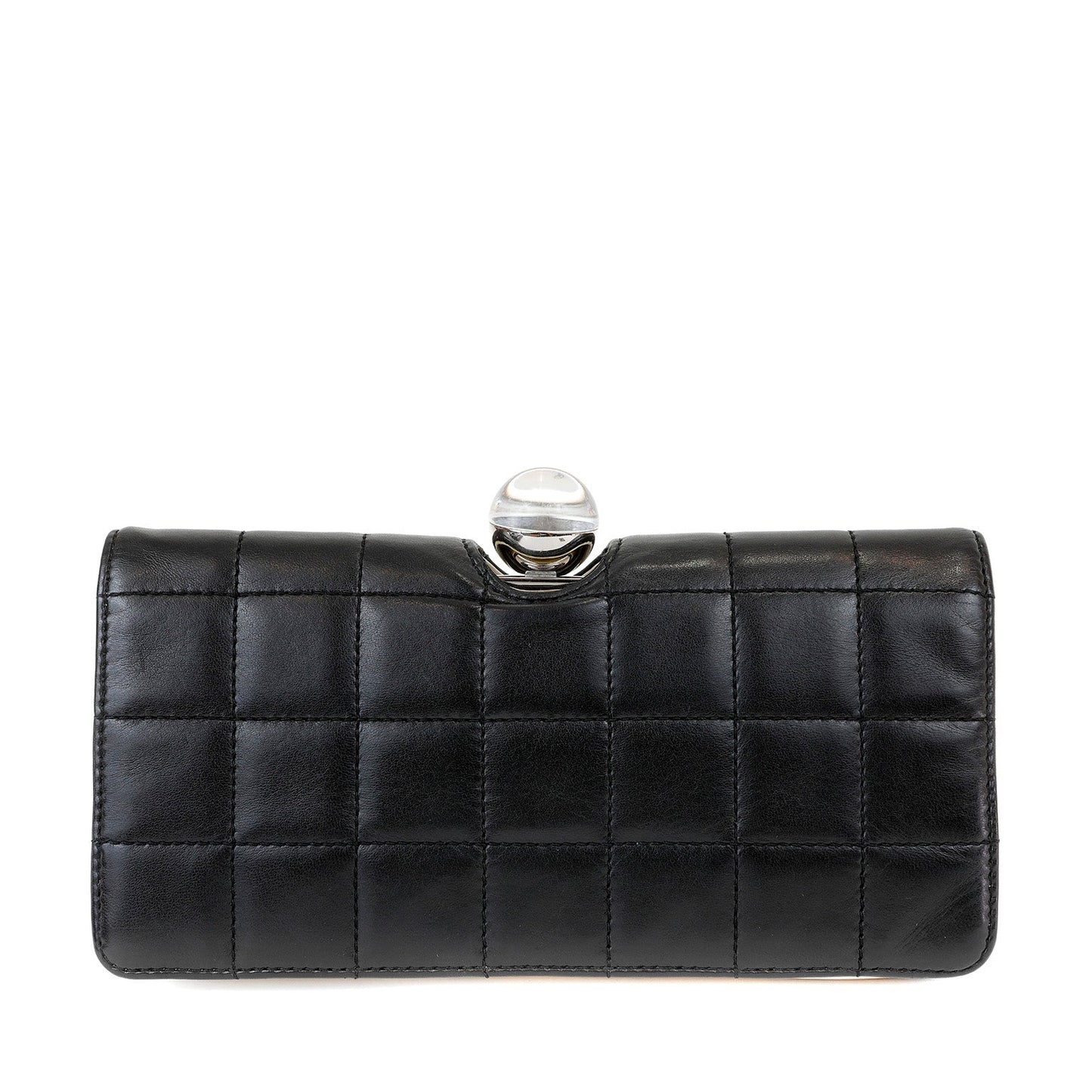 Chanel Black and White Lambskin Square Stitched Clutch with Lucite Knob