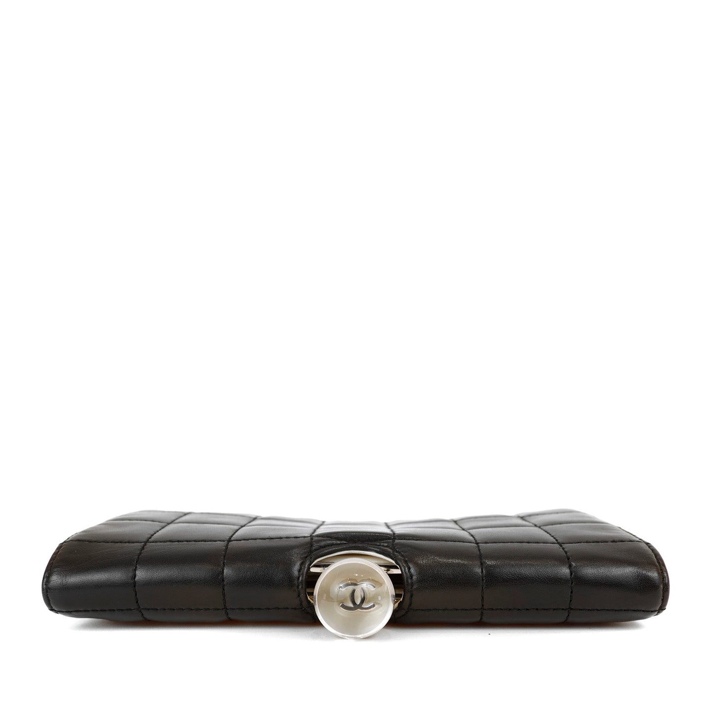 Chanel Black and White Lambskin Square Stitched Clutch with Lucite Knob