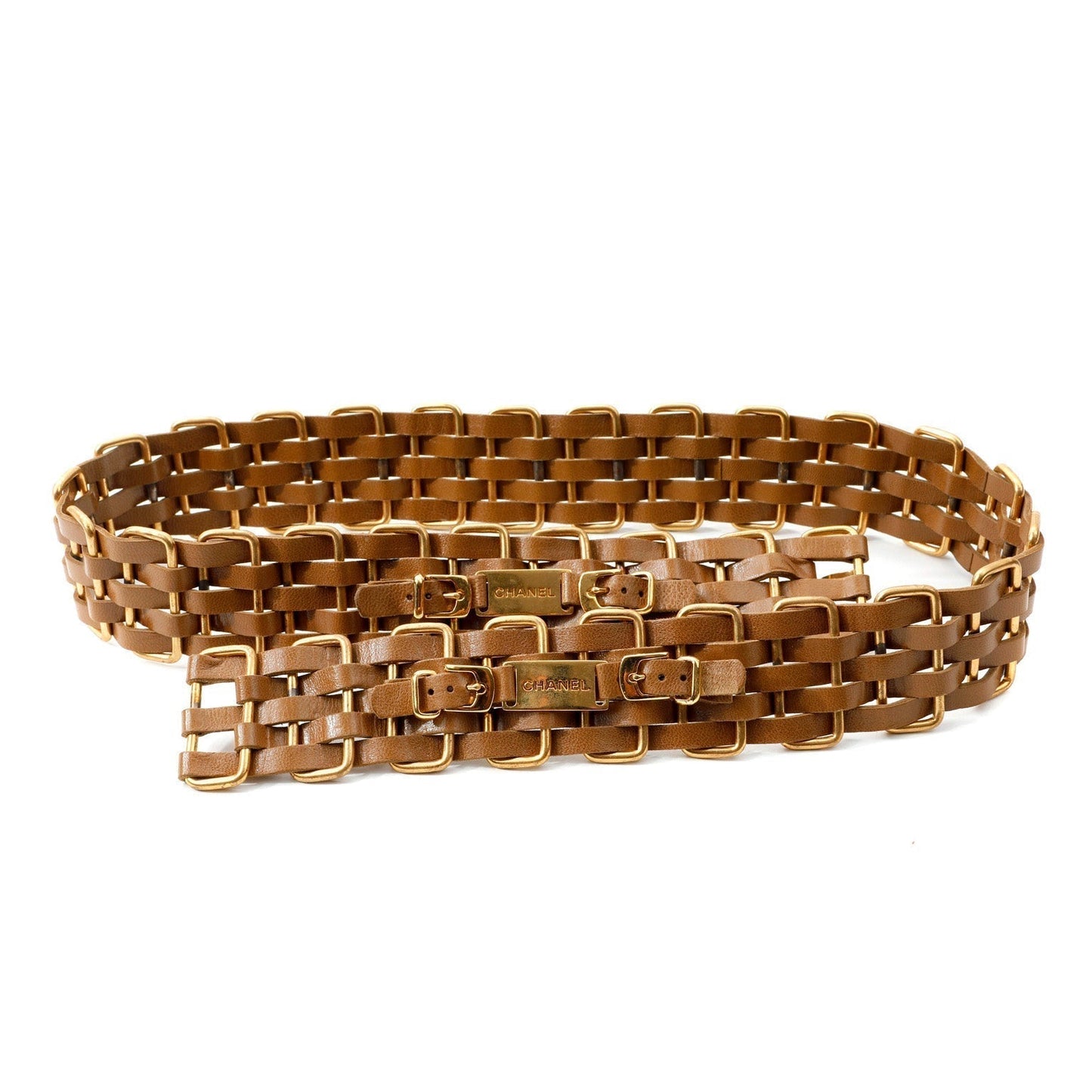 Chanel Brown Woven Leather Belt with Gold Chanel Buckle