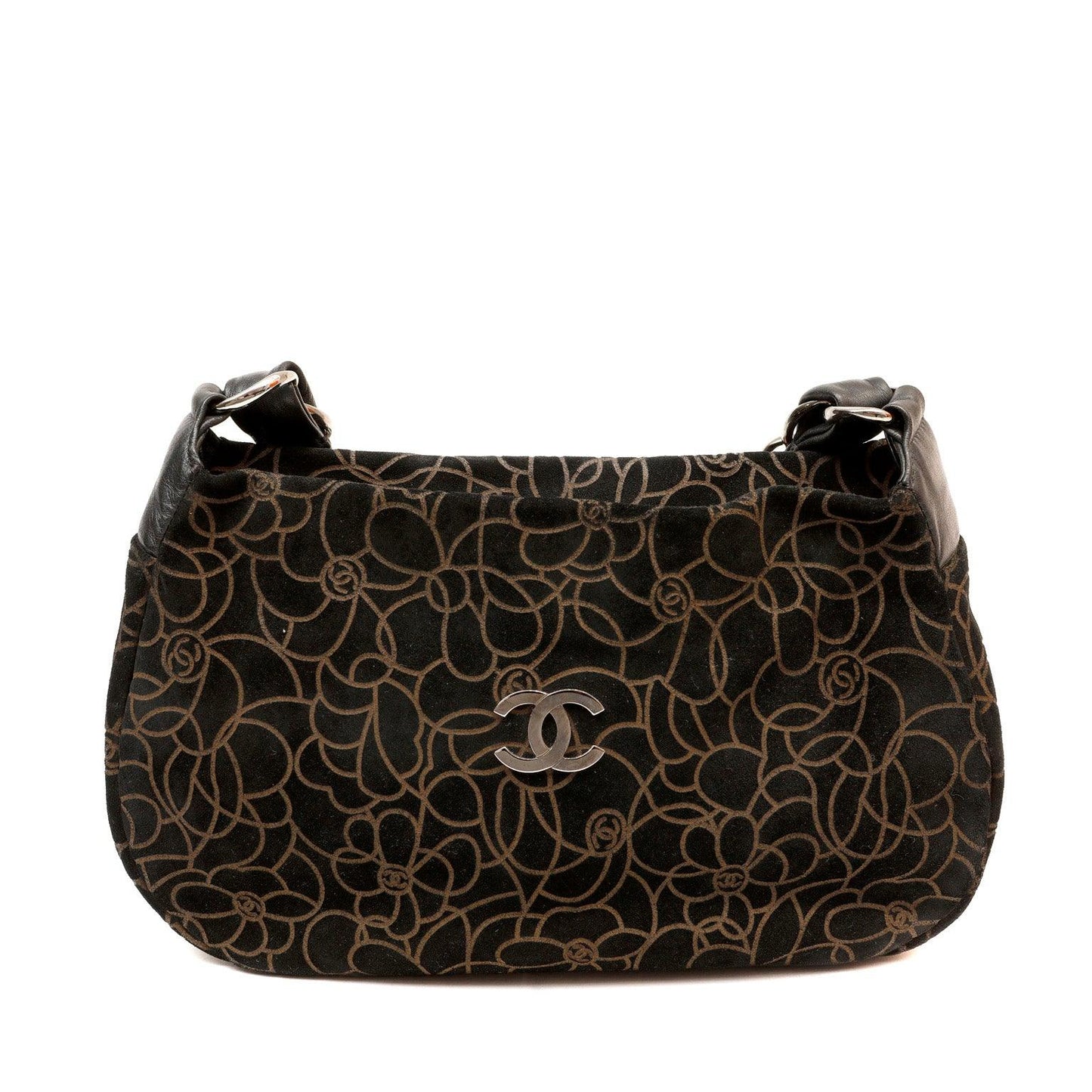 Chanel BlackxBrown Suede Shoulder Bag w/ Gold Camellias & Silver Hardware