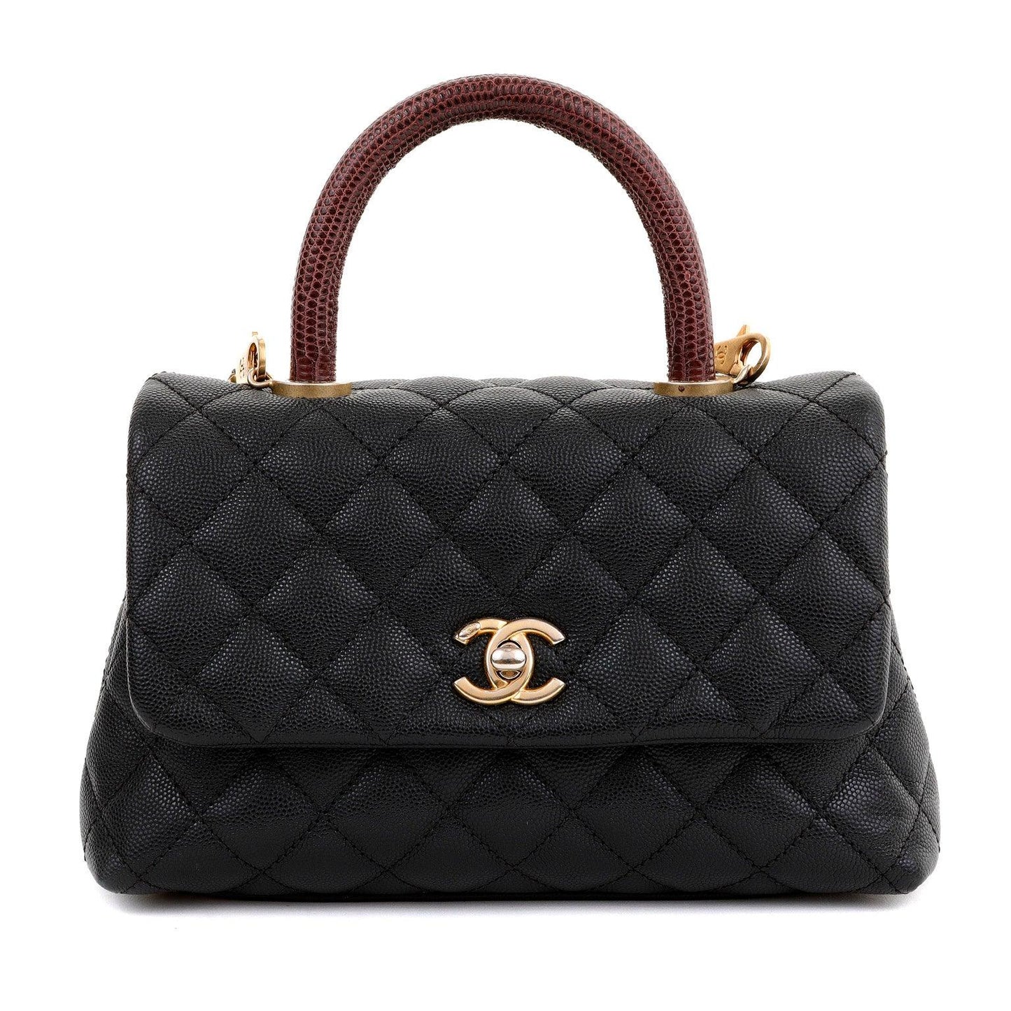 Chanel Black Caviar Lizard Coco Handle Small Flap Bag with Gold Hardware